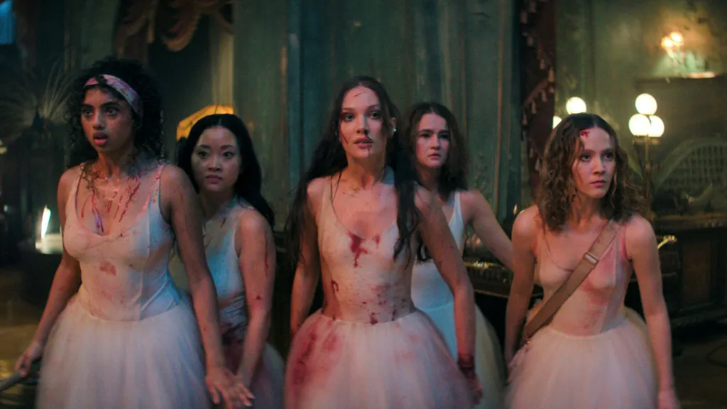 Maddie Ziegler, Lana Condor, Iris Apatow, Avantika, and Millicent Simmonds in horror movie Pretty Lethal