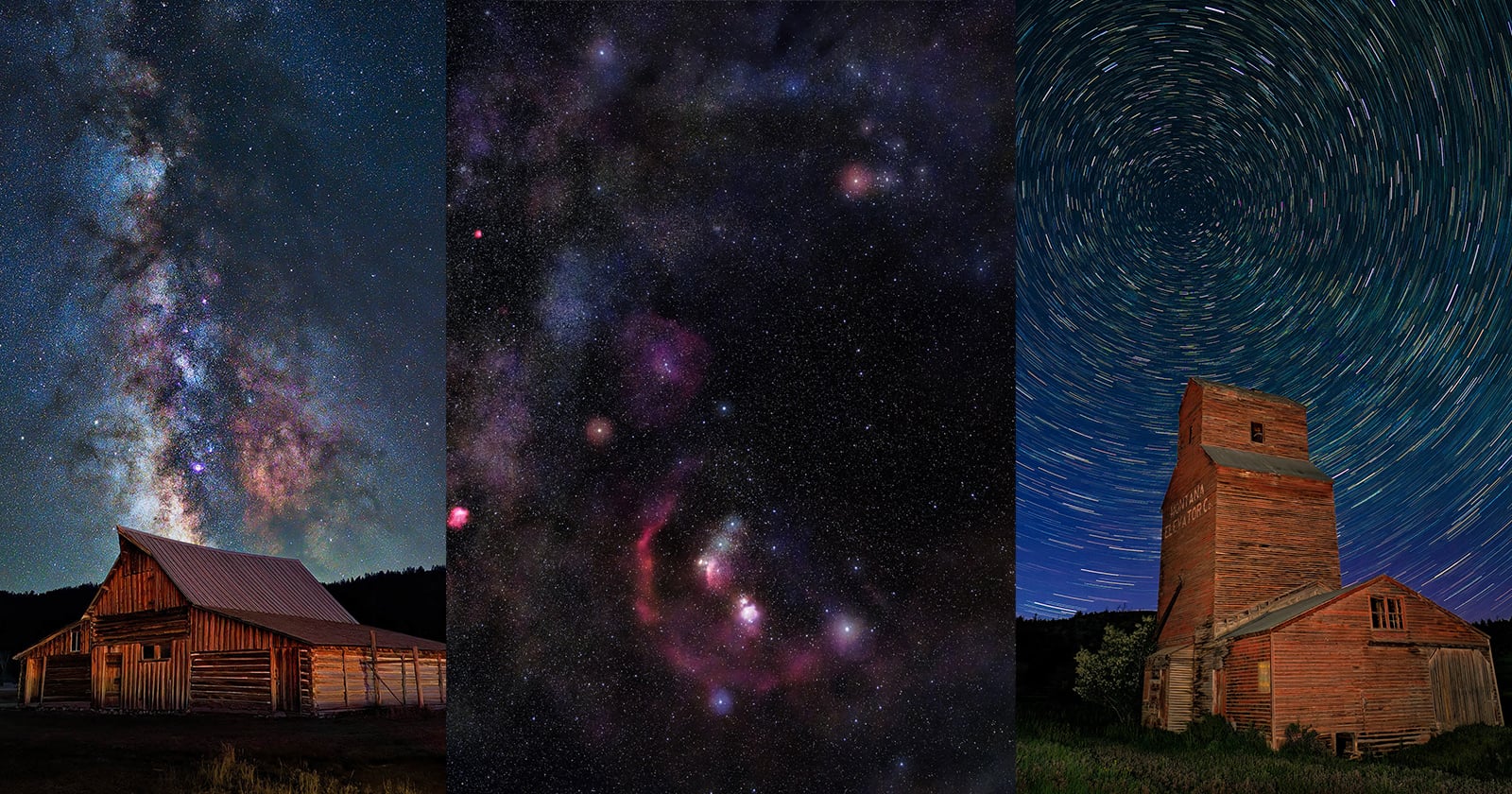 Three images: left, a barn under the Milky Way; center, a close-up of stars and nebulae in the night sky; right, an old wooden building with circular star trails in the sky above it.