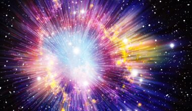 An illustration of the Big Bang, with purple, blue and yellow colors spread out from a white glowing light with straight rays coming out in all directions, all over a starry black background.
