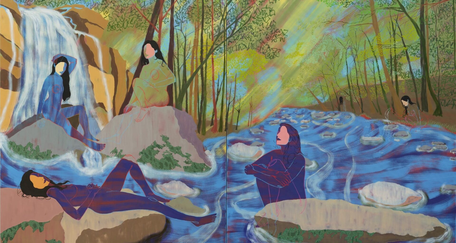A large, horizontal figurative painting of a group of faceless female figures seated near a stream