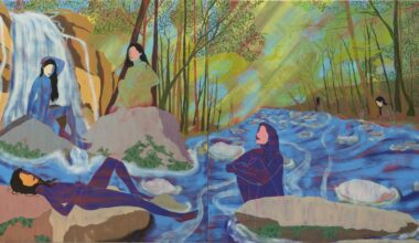 A large, horizontal figurative painting of a group of faceless female figures seated near a stream
