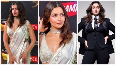 Alia Bhatt chose two distinct silhouettes from the same designer for an awards show on April 5.  (X/ HighOnGirls and Mallu153022, Instagram/ Vogue India)