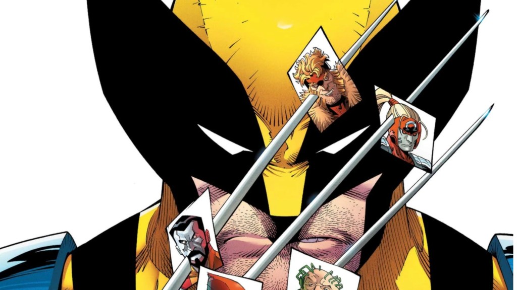 Wolverine brandishing his claws with pictures of his foes on his claws