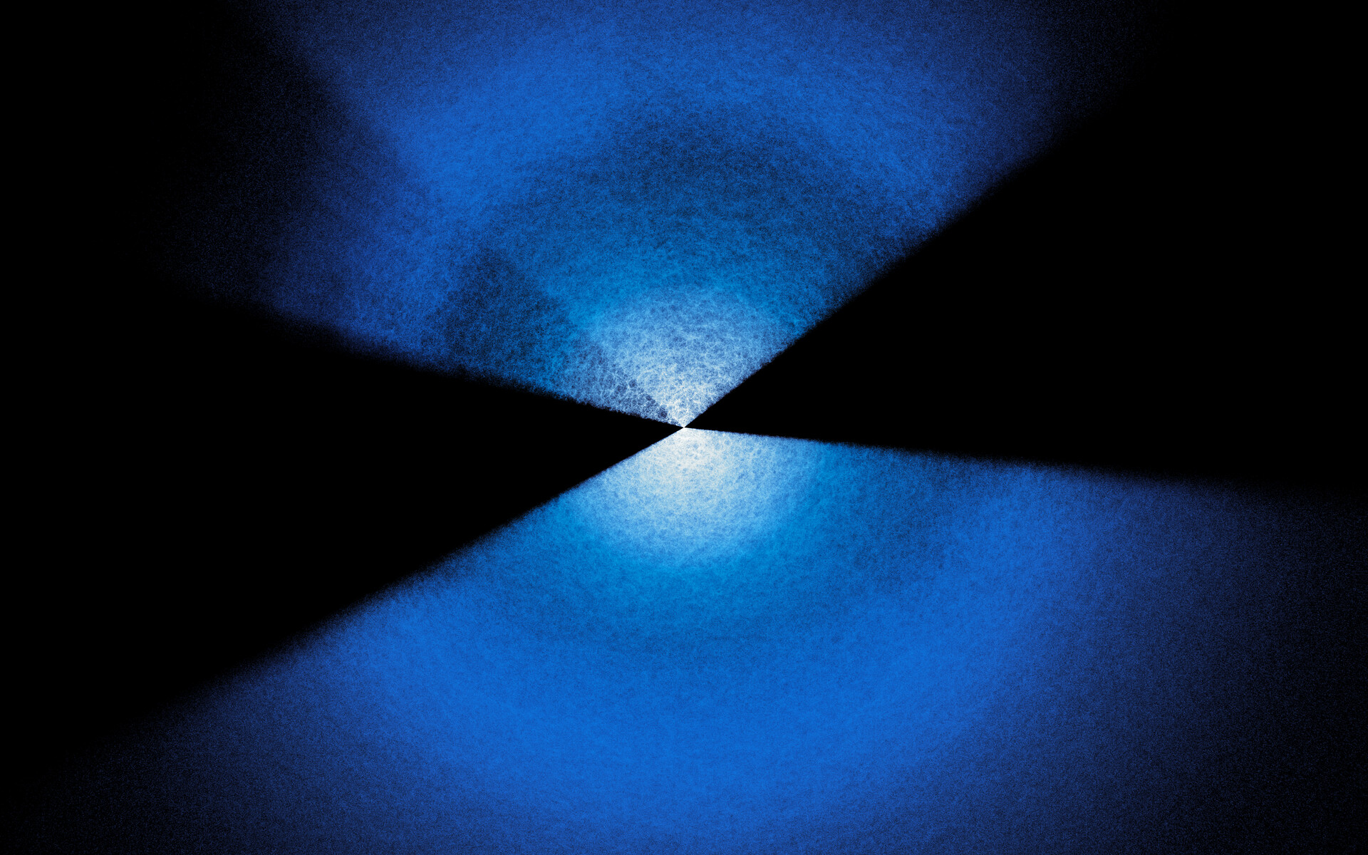 An hourglass shaped image of blue and white light against a black background