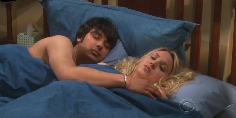Raj and Penny in bed together in The Big Bang Theory.