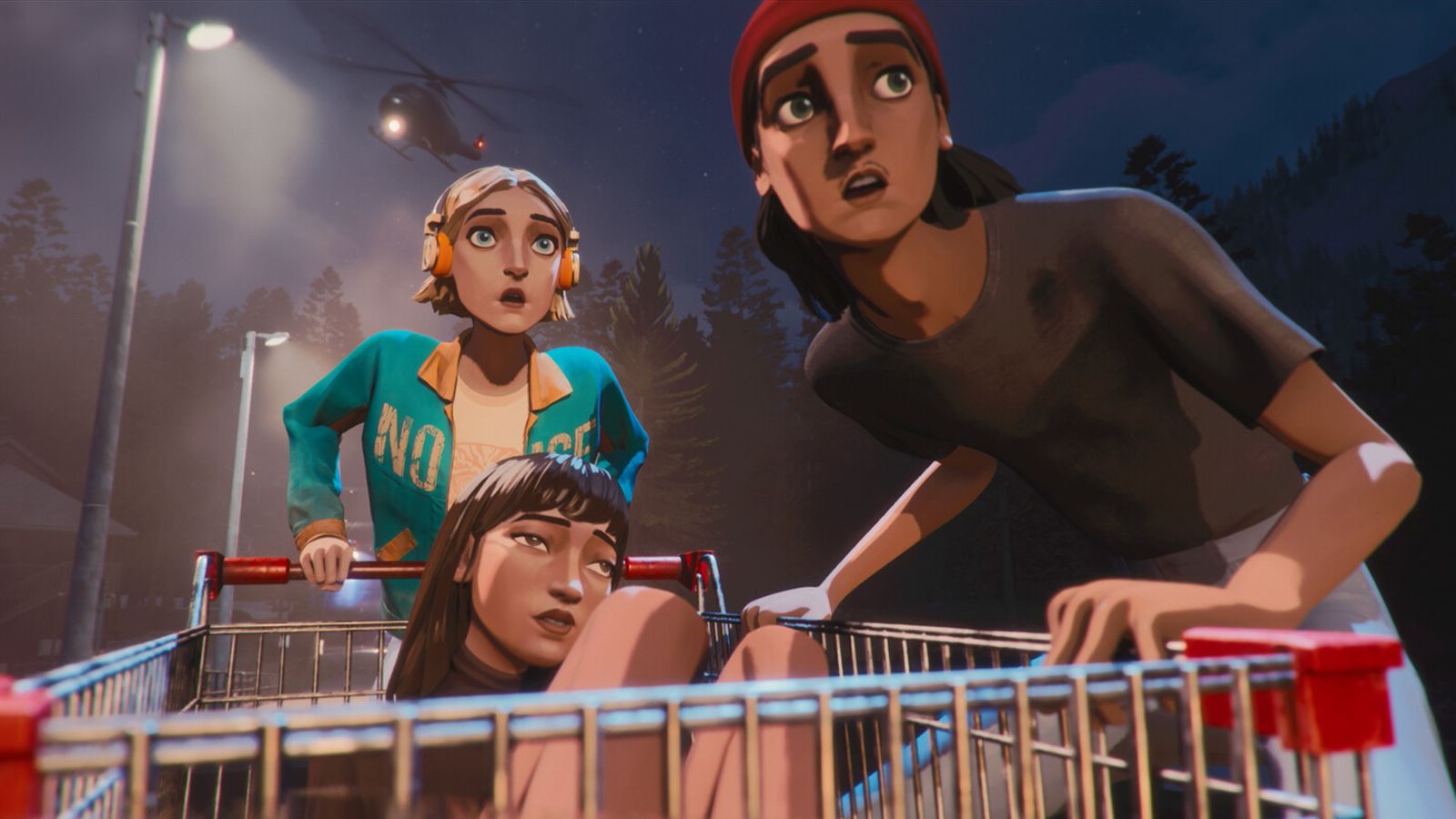 A screen from game Mixtape, a girl is being pushed in a shopping trolley
