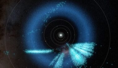 A wide, fuzzy dark blue ring with the sun in the middle and some radial streaks of thousands of dots.