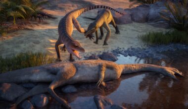 An illustration shows two four-legged crocodile-like animals standing over a large, long-necked animal carcass lying in a stream.