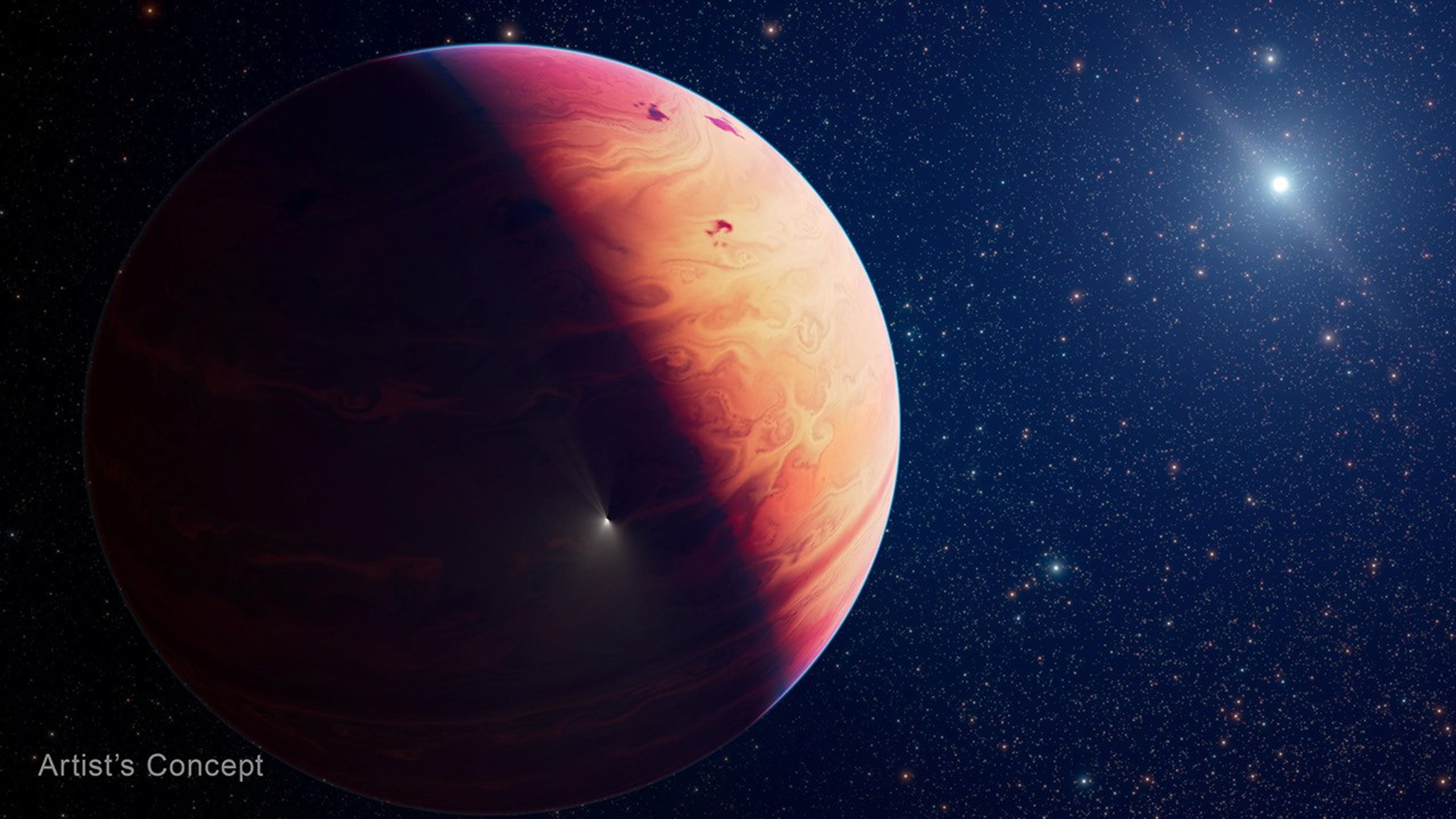 At left, an illustration shows a gas giant exoplanet whose right half is illuminated while the left half is in shadow. It is mostly orange shading to pinks and purples at the two poles and shows swirling bands of clouds. Three dark splotches on its upper right show locations where comet fragments impacted the cloudtops, and another incoming comet fragment is seen as a bright spot against the nightside. The planet is against a black background speckled with stars. In the upper right corner of the image shines a small white blob representing its host star. A faint edge-on disk of dust extending from 10 o’clock to 4 o’clock on the star is also white. The words “Artist’s Concept” are at lower left.