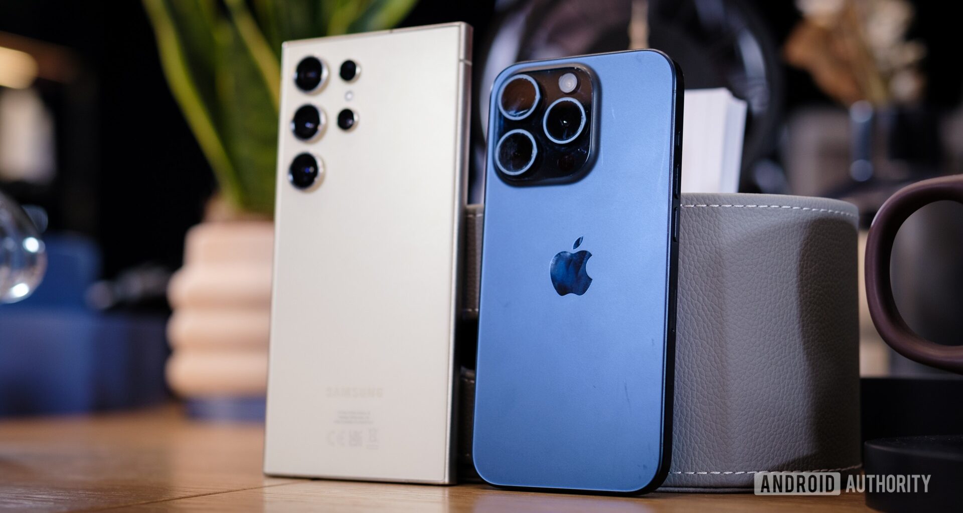 Samsung Galaxy S24 Ultra vs Apple iPhone 15 Pro backs standing