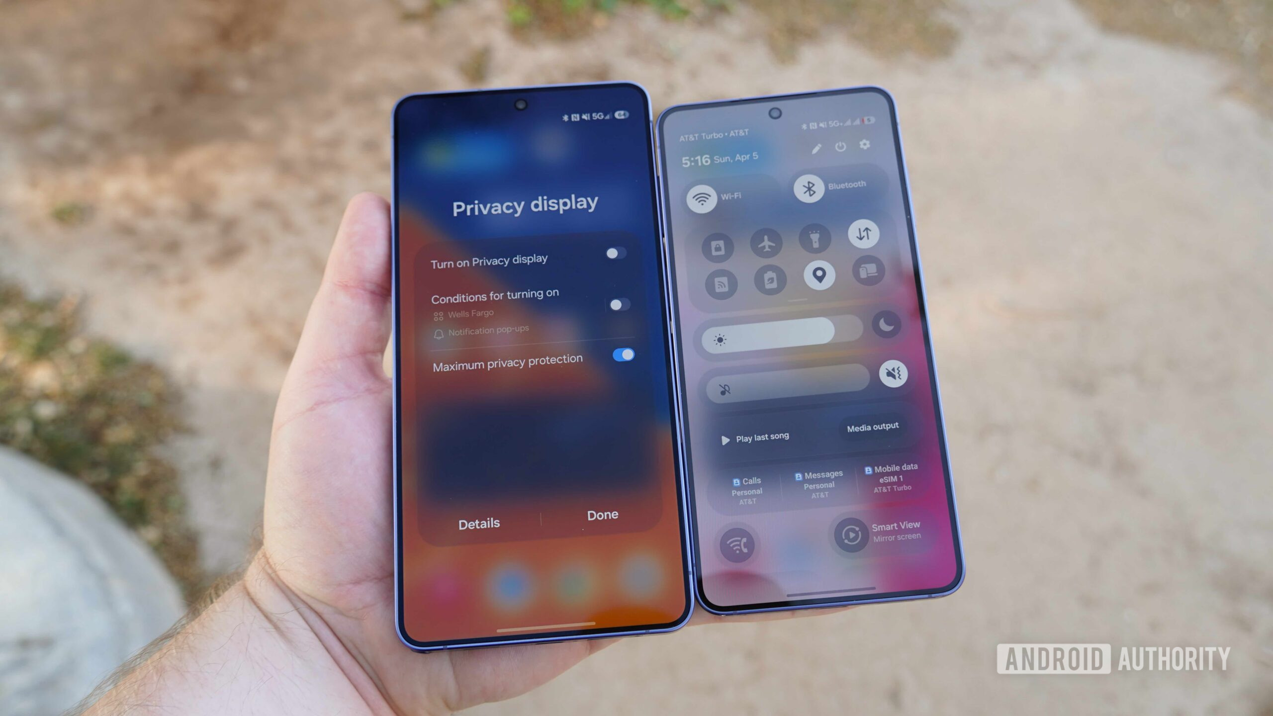 The Privacy Display settings on the Galaxy S26 Ultra compared to the missing option on the Galaxy S26.