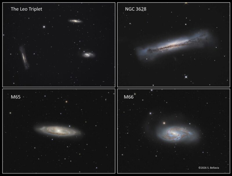 3 side-on views of galaxies, and an image with all 3 of them together.