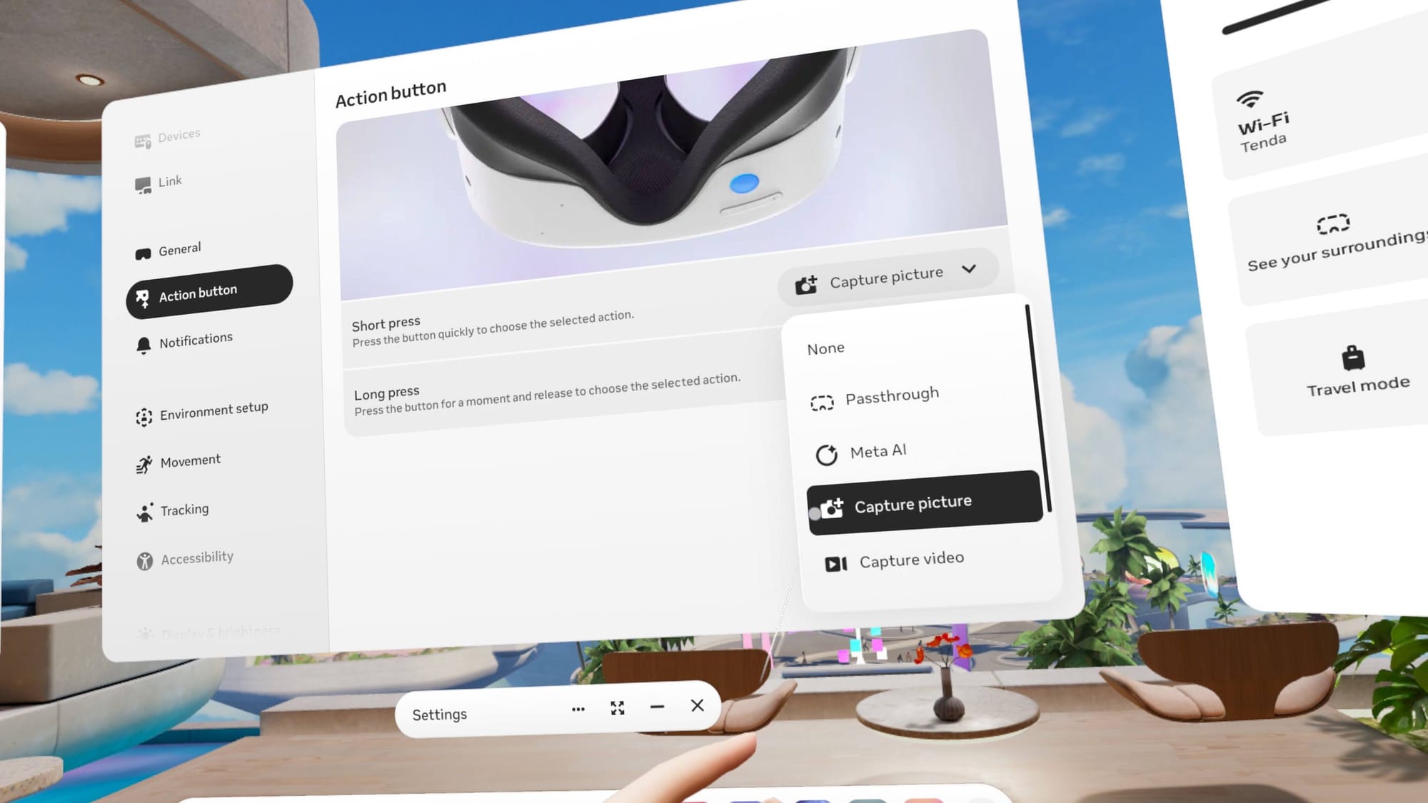 The new action button setting includes a Capture picture option for easier Quest 3S screenshots.