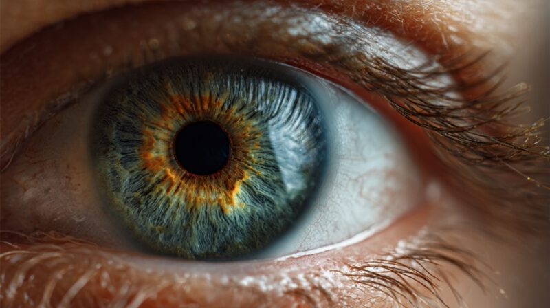 Macro close-up of a human eye showing detailed iris patterns and vibrant colors
