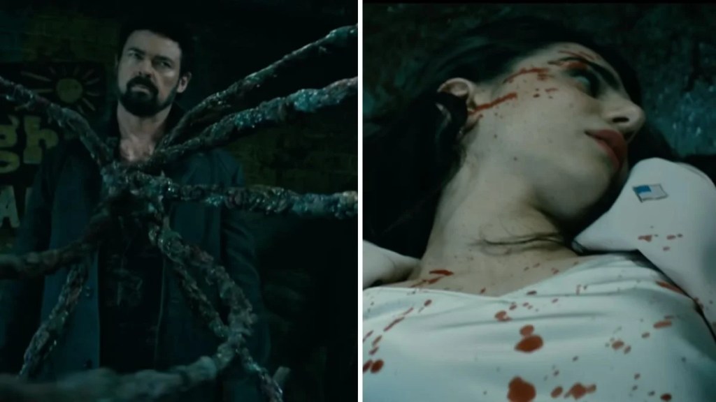 Karl Urban as Butcher and Claudia Doumit as Victoria Neuman in "The Boys" Season 4 (Prime Video)