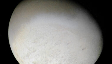 Image of Neptune's moon Triton with varied textures on a pale surface.