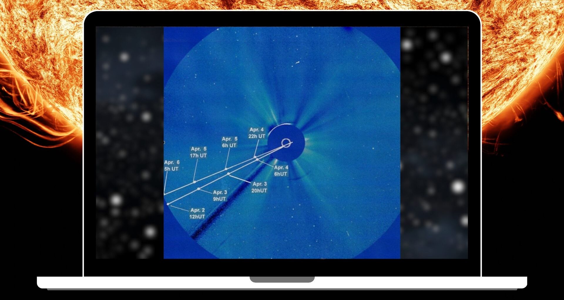 A laptop displays an image of the sun's atmosphere with the sun in the background.