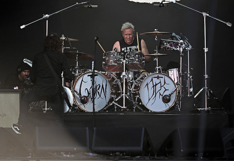 Josh Freese and Dave Grohl, performing as The Churnups, play on the Pyramid Stage on day 3 of Glastonbury 2023. Photograph: Oli Scarff/AFP via Getty