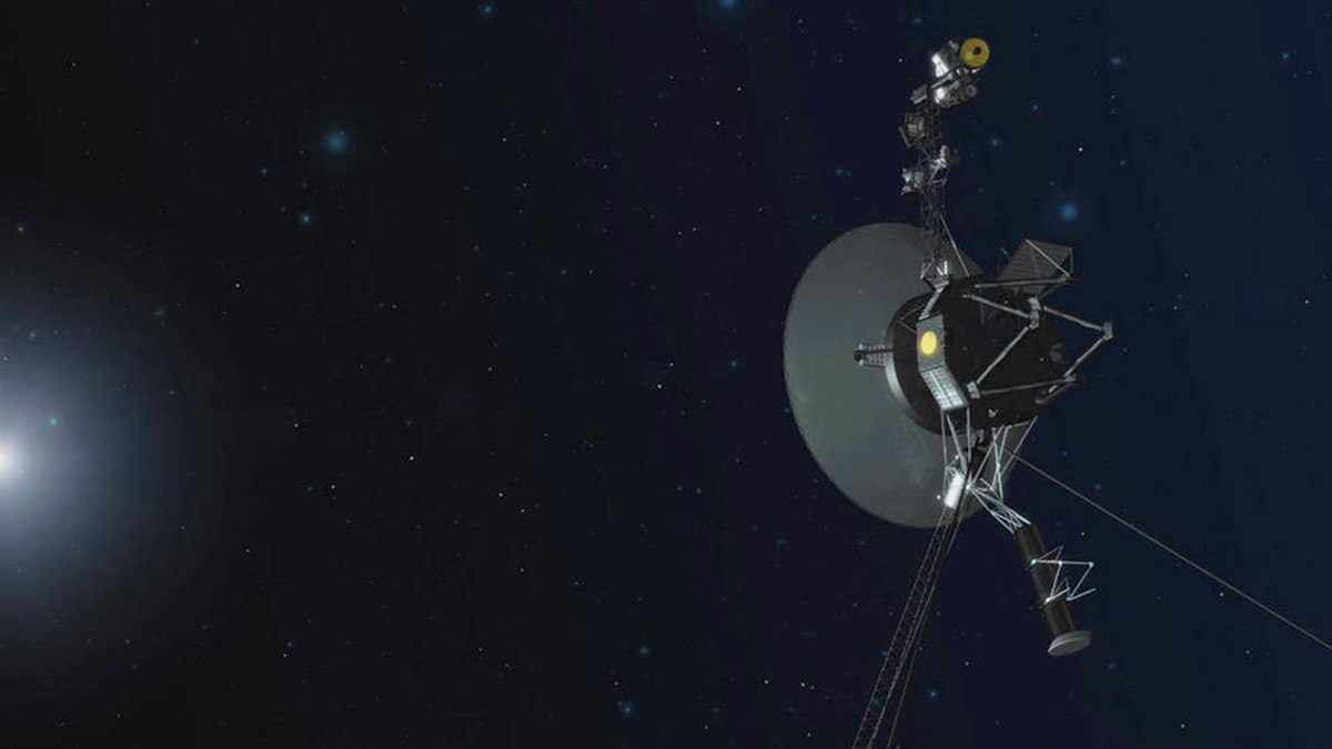 Voyager 1 spacecraft floating through space toward a distant star