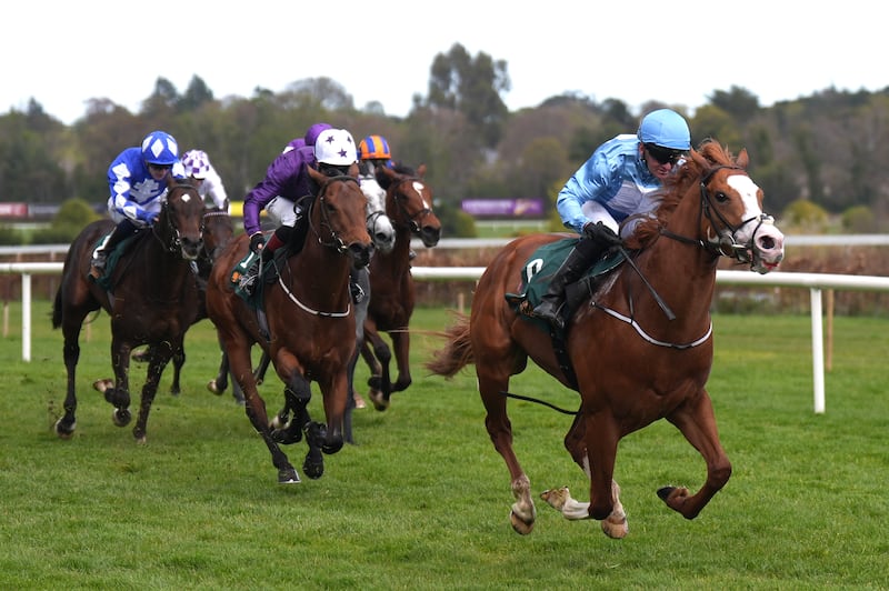 Thesecretadversary ridden by Seamus Heffernan (right) on their way to winning the Ballylinch Stud Red Rocks Stakes in Leopardstown. Photograph: Niall Carson/PA Wire