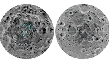 The locations of ice, in blue, at the moon's South Pole, left, and North Pole, right, as detected by the Chandrayaan-1 spacecraft. Credit: NASA