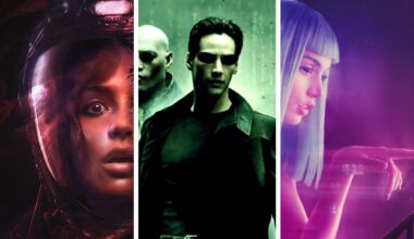 Split image showing three sci-fi movies: Ash, The Matrix, and Blade Runner 2049