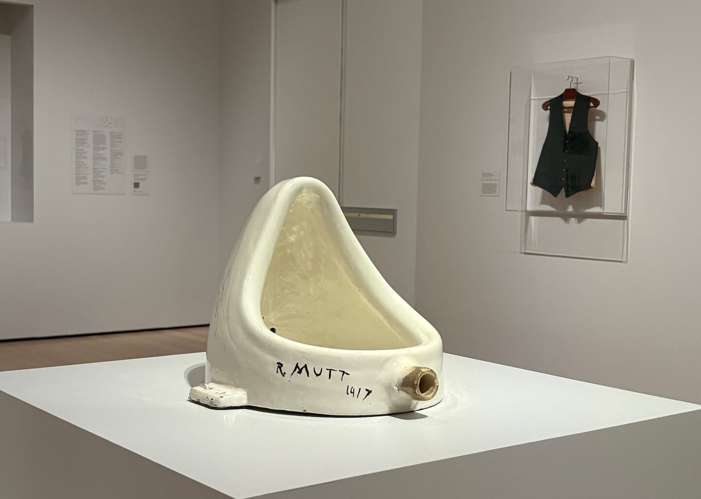 Marcel Duchamp, "Fountain," 1950 (replica, after the 1917 original was lost). Installed at the Museum of Modern Art's "Marcel Duchamp" until August 22.