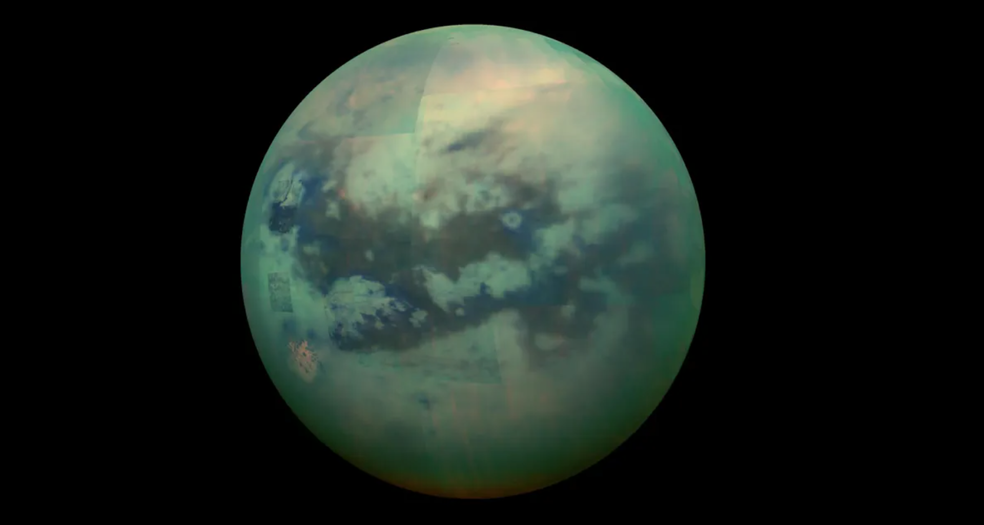 A NASA image of Saturn's moon, Titan It looks like a turquoise marble in space.