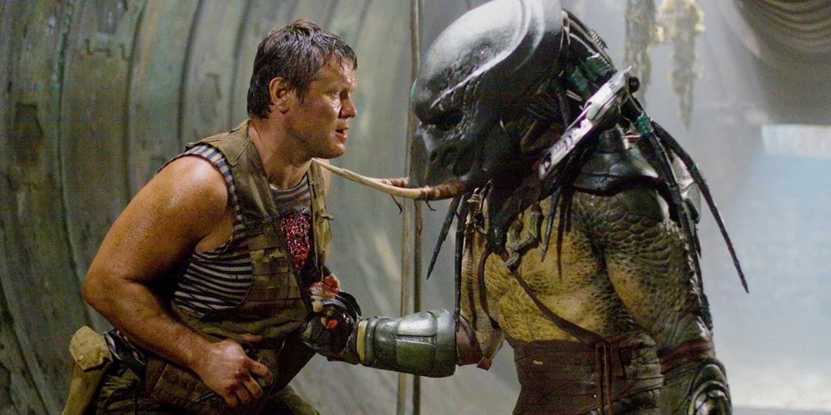 Oleg Taktarov as Nikolai and a Predator come face-to-face in Predators 2010
