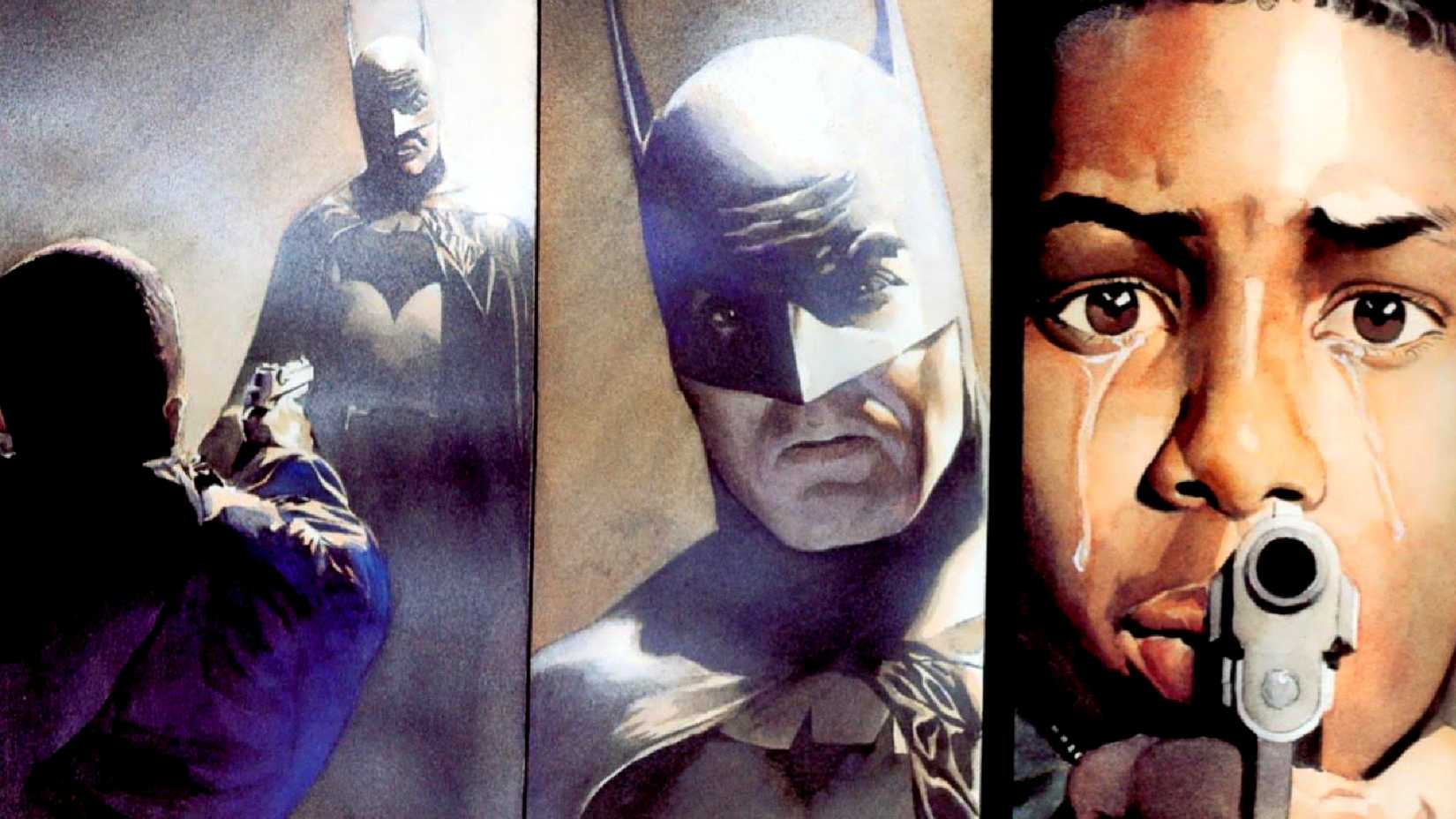 A kid aims his gun at Batman in Alex Ross' War on Crime