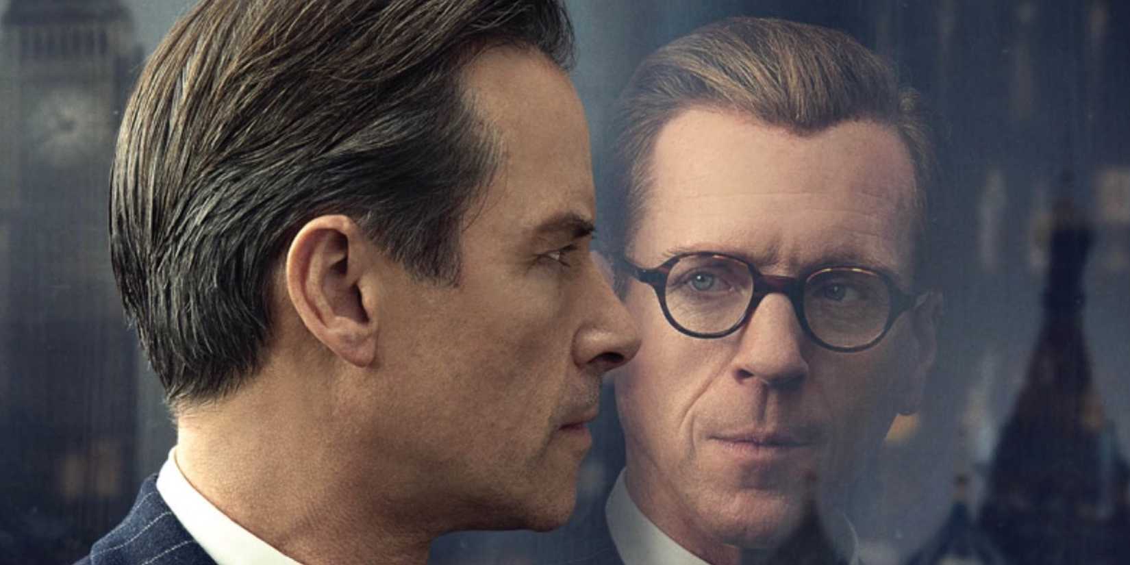 A Spy Among Friends poster featuring Damian Lewis staring at Guy Pearce with a window between them