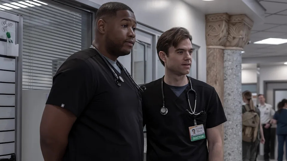 Luke Tennie and Patrick Ball in The Pitt 213