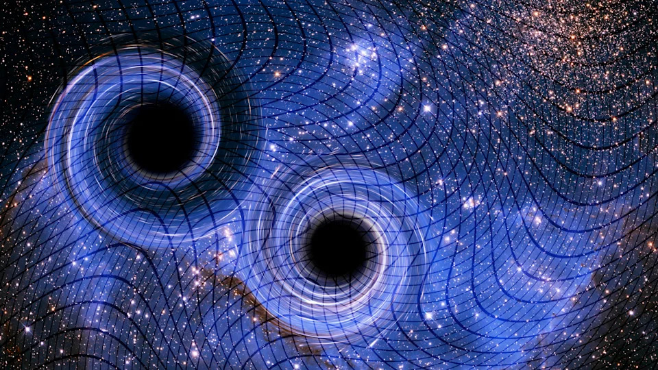 Two dark black holes are surrounded by waves of blue light that ripple and twist, all against a starry background