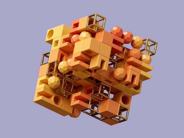 An orange cube resembling a puzzle, suspended in space against a lavender background.