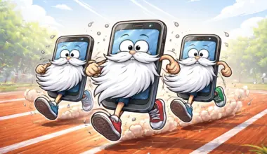 Cartoon image of three iPhones with white beards and tennis shoes running down a track, used to illustrate a story on how to speed up again iPhones.