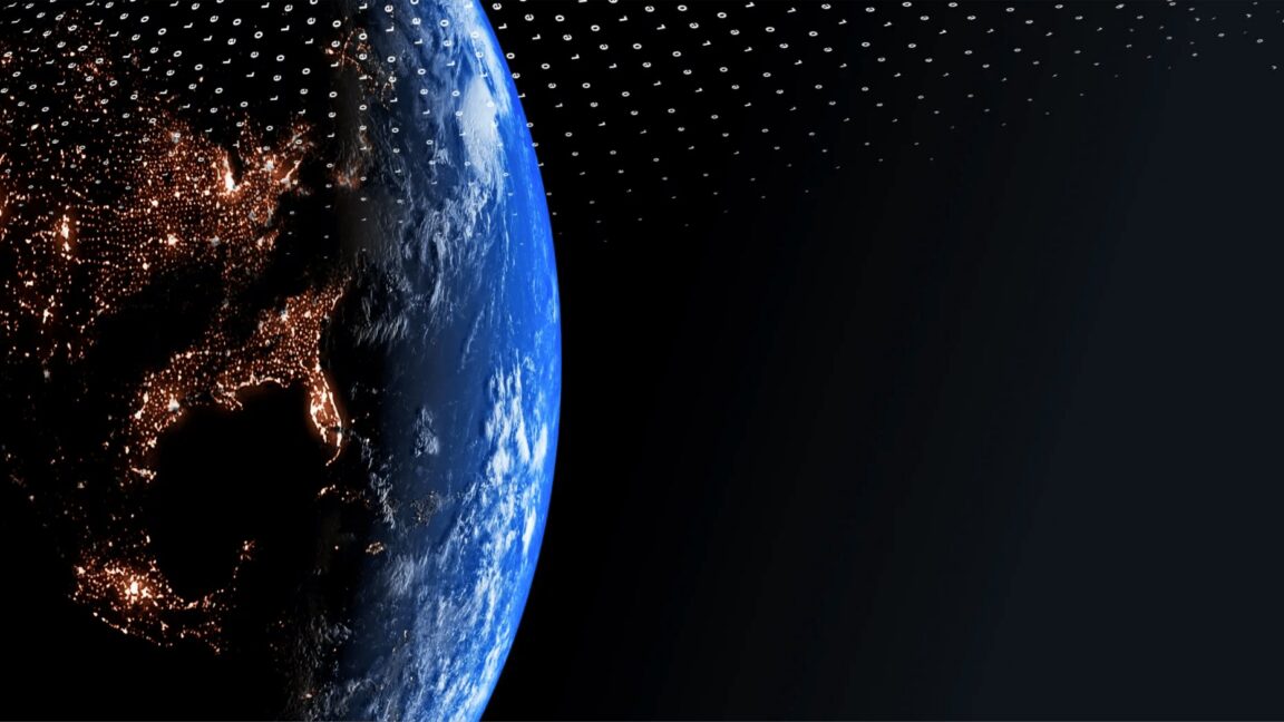 Promotional image for the Amazon Leo satellite service shows the Earth from space and the word "Leo" written many times in small letters.