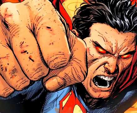an angry superman throws a devastating punch
