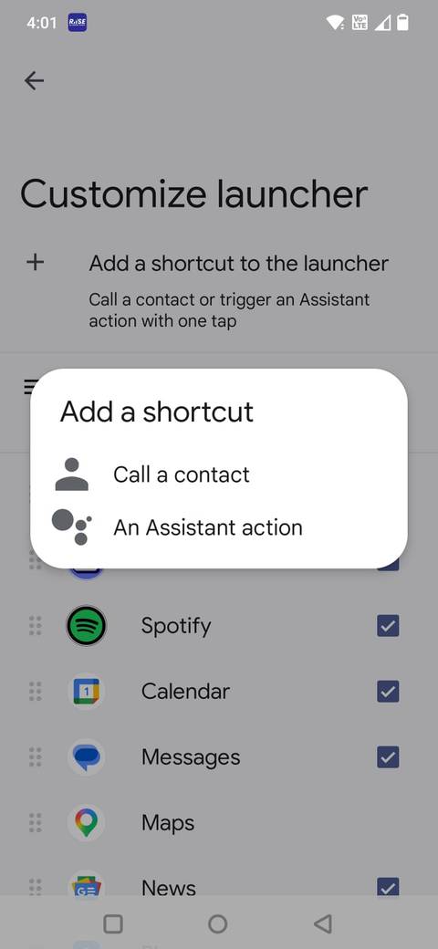 Screenshot showing the Add shortcut option in Android Auto settings