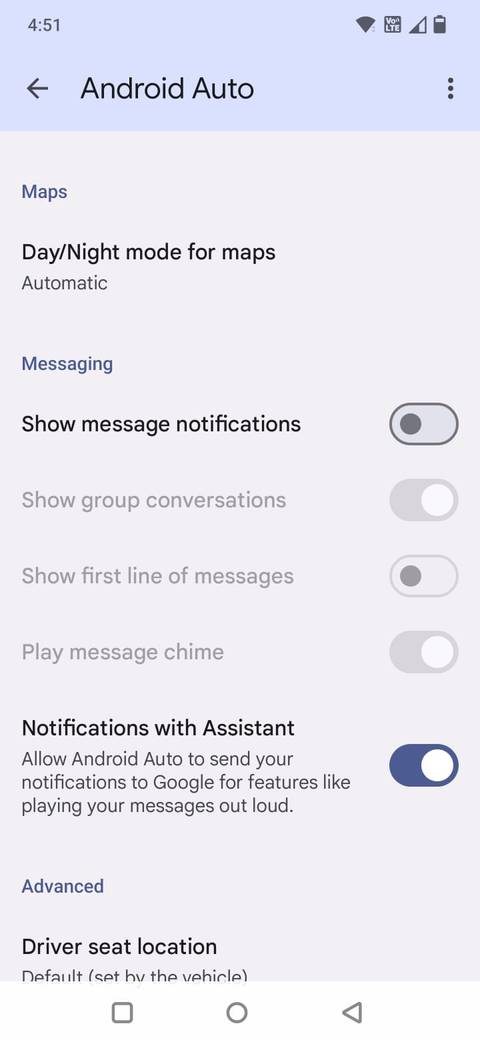 Screenshot showing the Day/night mode for Maps option in Android Auto settings