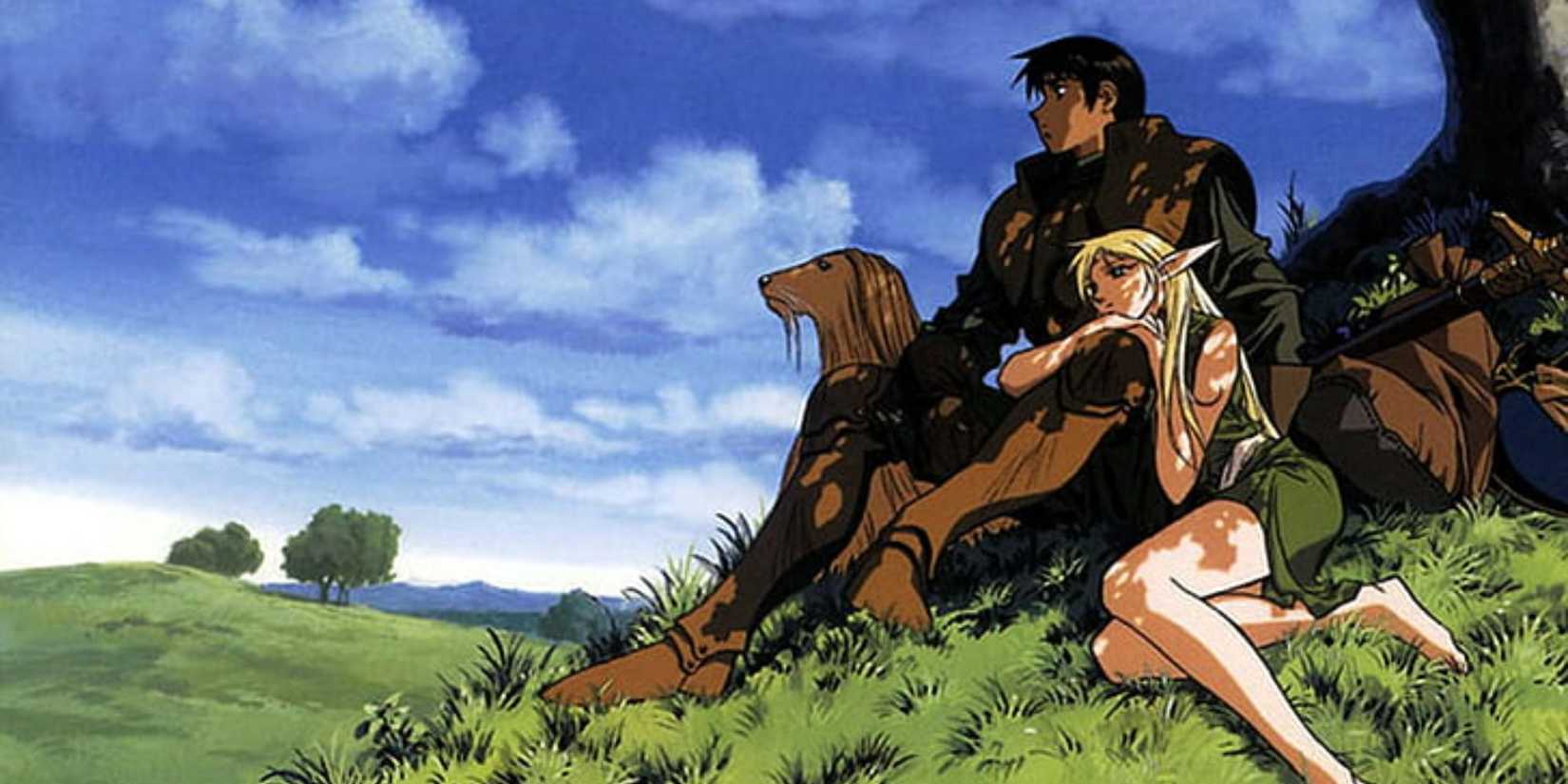 A man and a woman with elf ears sit under the shade of a tree in the anime series Record of Lodoss War.