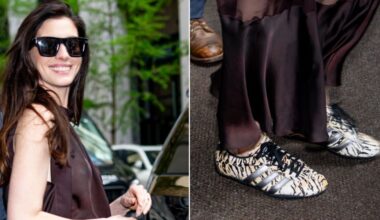 Anne Hathaway wearing a pair of Adidas Tokyo Sneakers in a zebra print while out in New York City on Friday.