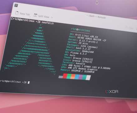 Screenshot showing Arch Linux Konsole neofetch