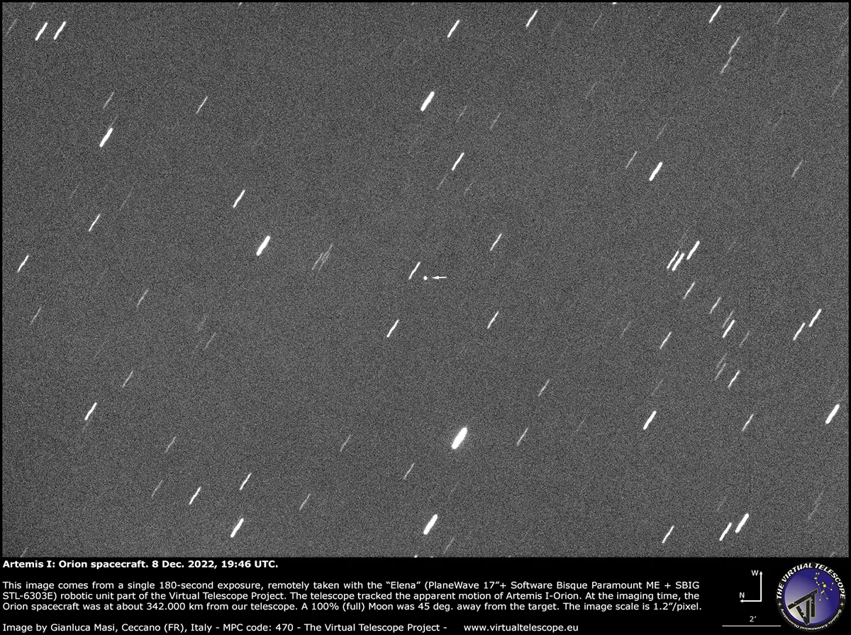A view of the Artemis I spacecraft captured by the Virtual Telescope Project, 8 December 2022. Background stars appear as trails because the telescope was focussed on tracking Artemis I across the sky. Equipment: SBIG STL-6303E CCD camera, PlaneWave 17-inch telescope, Paramount ME mount.