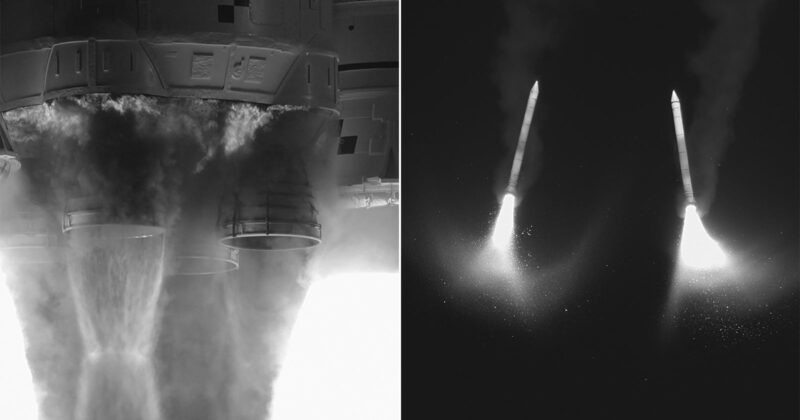 Left: Close-up of rocket engines with smoke and flames at launch. Right: Two missiles in flight, leaving bright trails and plumes against a dark sky. Both images are in black and white.