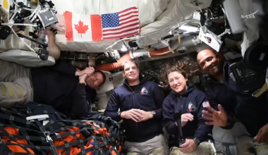 The Artemis II crew - NASA Astronaut Reid Wiseman Wiseman (far left), CSA (Canadian Space Agency) Astronaut Jeremy Hansen (center left) and NASA astronauts Christina Koch (center right) and Victor Glover (right) participated in a live media event in the Orion spacecraft during Flight Day 4.