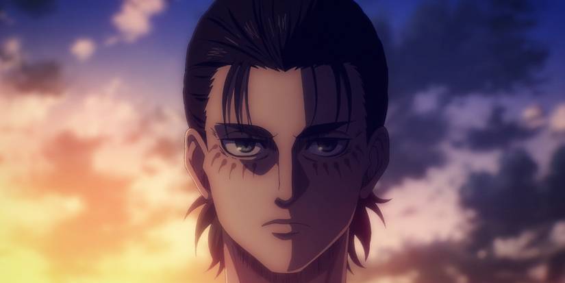 Eren's solemn face is shown in light and shadow in Attack on Titan
