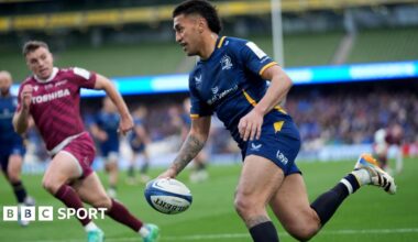 Rieko Ioane scores a try against Sale