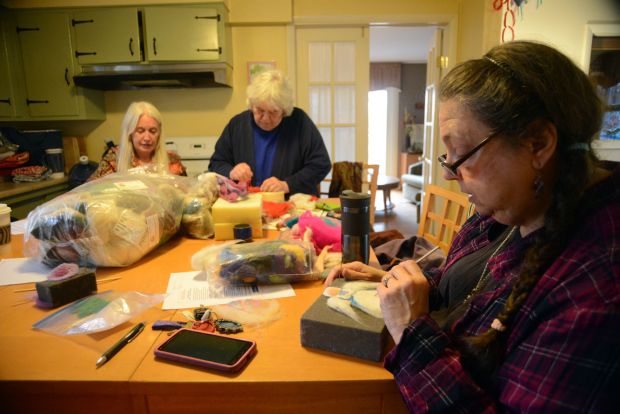 In a 2019 photo, Marilyn Fino of Milton, N.Y., right, works on felting an angel during a creative arts workshop that she helps facilitate at the HealthAlliance Oncology Support Program at the Herbert H. and Sofia P. Reuner Cancer Support House in Kingston, N.Y. To the left is co-faciltator Beverly Nielsen of Binnewater and participant Linda Melick of New Paltz, N.Y. (Tania Barricklo/Daily Freeman)