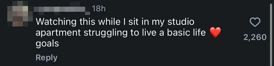 Comment expressing admiration, saying: "Watching this while I sit in my studio apartment struggling to live a basic life ❤️ goals."