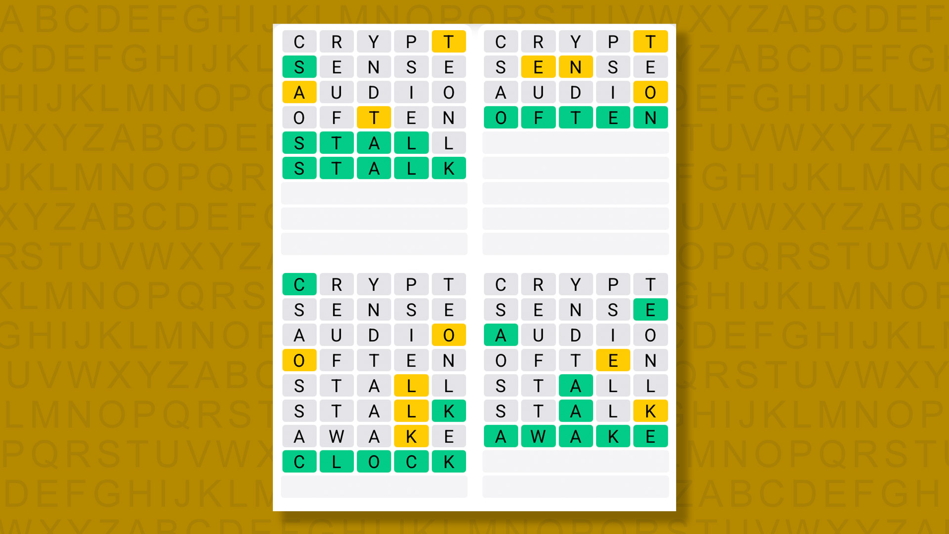 Quordle answers for game 1539 on a yellow background